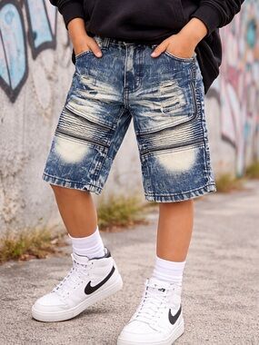 Blue Cult Boys 7 Acid Wash Biker Denim Shorts Distressed Moto Zipper